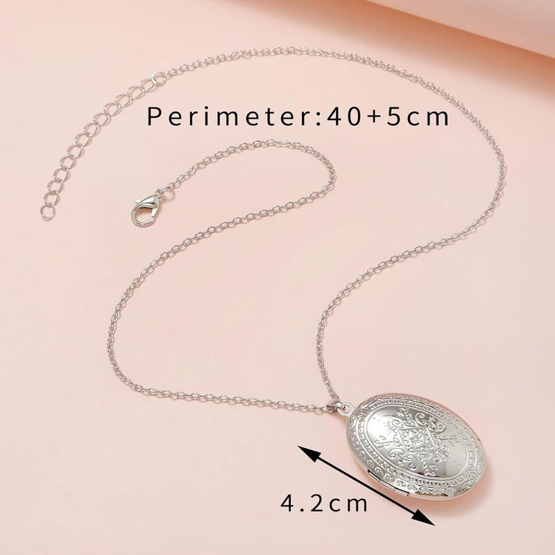 SCRDPRAD Vintage Engraved Flower Empaistic Photo Locket Hold Picture Oval Round Pendant Necklace Antique Carved Pattern Souvenir Memorial Clavicle Sweet Jewelry for Women - Image 4